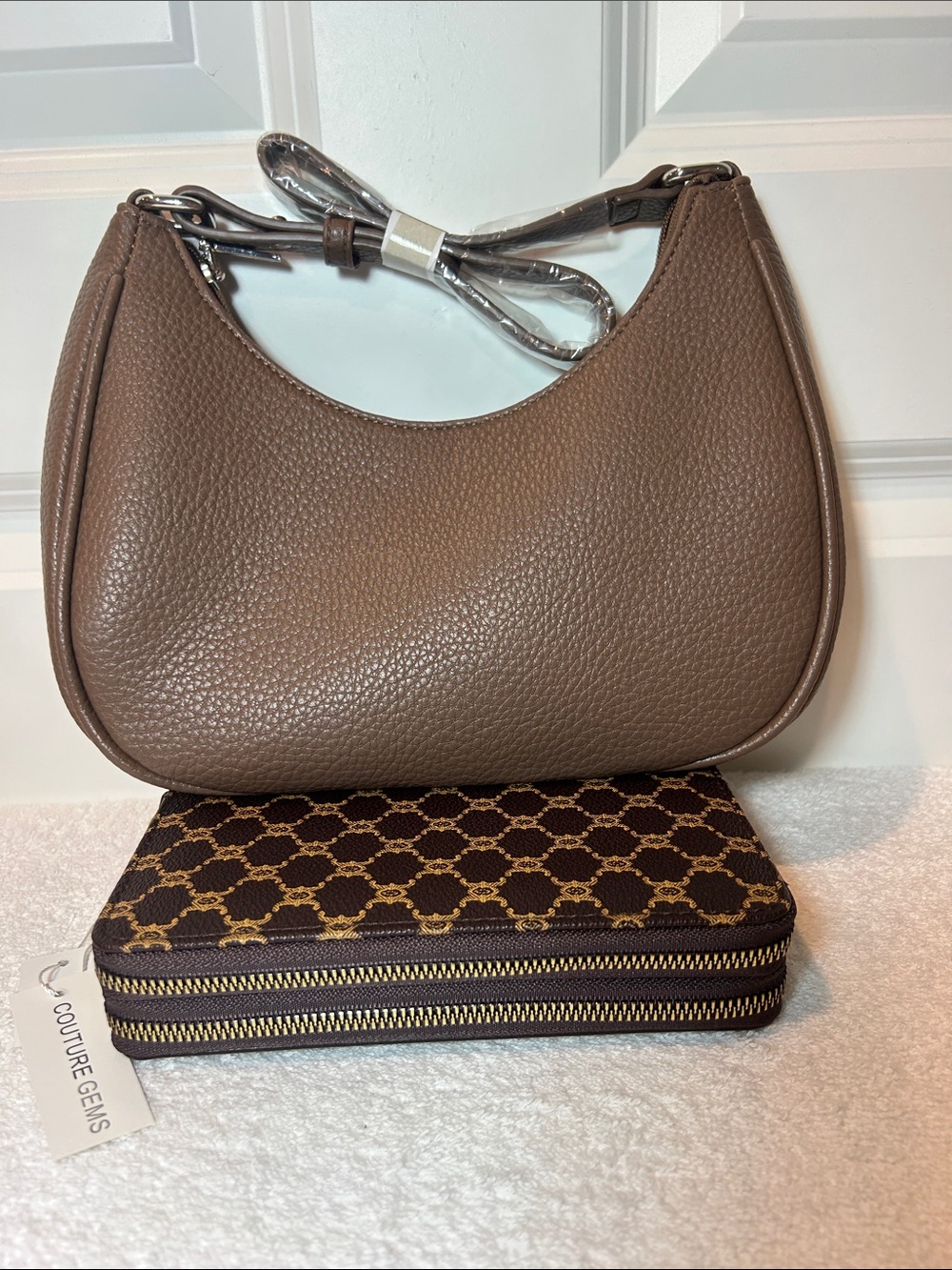 Hobo Bag in Chocolate with Contour Gems Zip Around Wallet